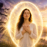 Woman surrounded by a bright protective aura after releasing shame and dark energetic attachments, representing Energy Hygiene, self-love, healing, and energetic protection.