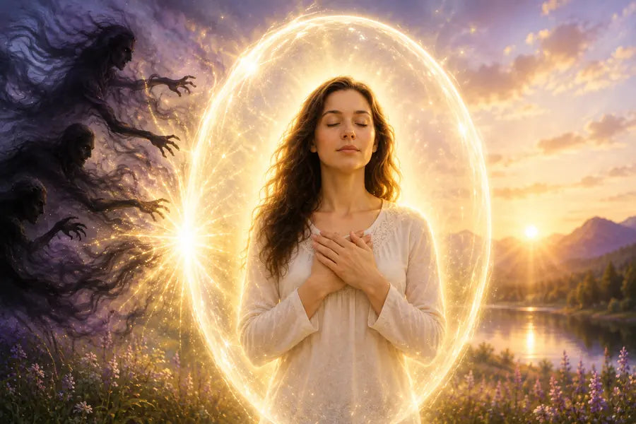 Woman surrounded by a bright protective aura after releasing shame and dark energetic attachments, representing Energy Hygiene, self-love, healing, and energetic protection.