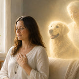 Woman quietly sensing the loving spiritual presence of a deceased family member and beloved pet nearby.