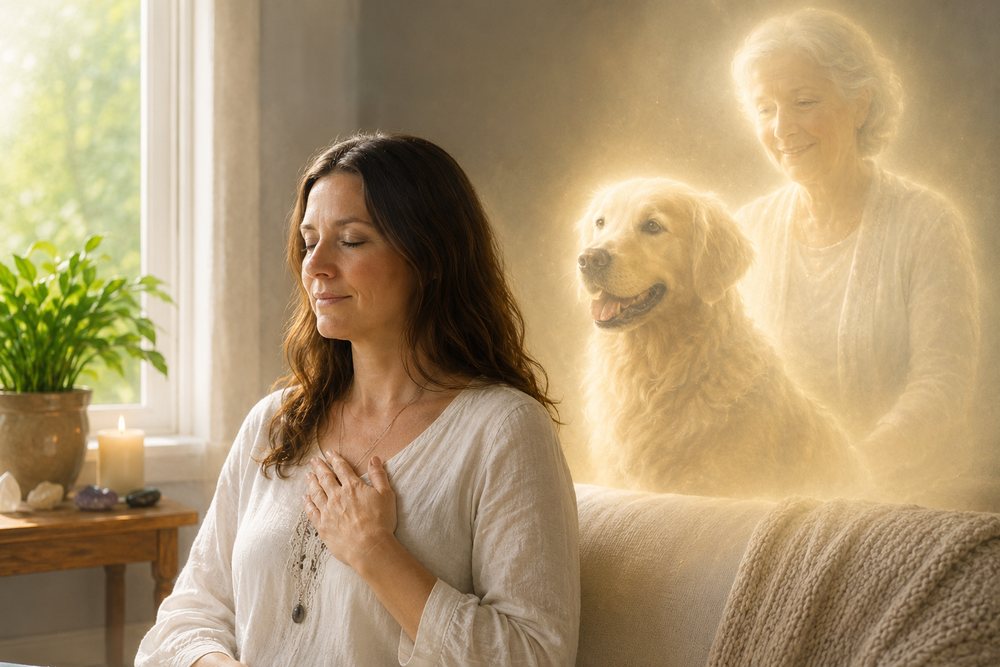 Woman quietly sensing the loving spiritual presence of a deceased family member and beloved pet nearby.