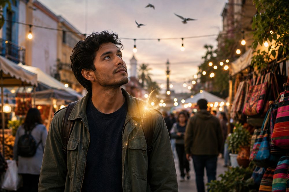 Man noticing subtle synchronicities around him while receiving an intuitive sense of guidance.