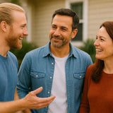 Three neighbors smiling and talking together outside, representing openness, connection, and feeling comfortable sharing spiritual beliefs with others.