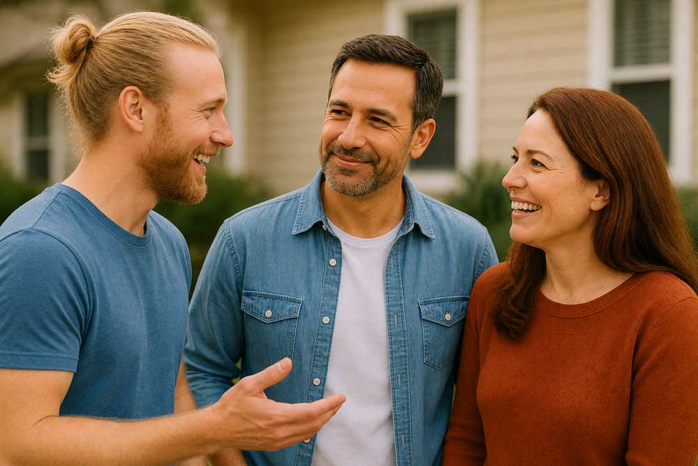 Three neighbors smiling and talking together outside, representing openness, connection, and feeling comfortable sharing spiritual beliefs with others.