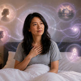 Woman waking peacefully in bed while sensing subtle energy around her, representing intuitive awareness, cord connections, attachments, premonitions, and Energy Hygiene.