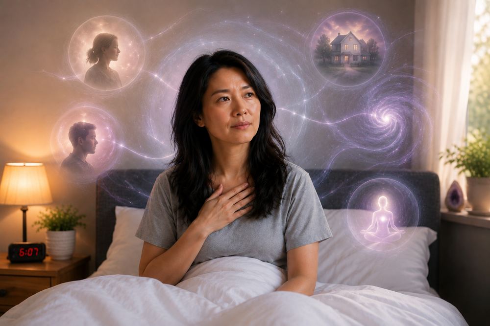 Woman waking peacefully in bed while sensing subtle energy around her, representing intuitive awareness, cord connections, attachments, premonitions, and Energy Hygiene.